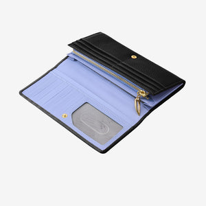 Tusk 376 Ascot Flap Over Wallet in black Italian pebble-grain cowhide leather. Open view showing card slots, ID window and the original lavender-blue interior - BLACK
