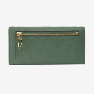 Tusk 376 Ascot Flap Over Wallet in forest Italian pebble-grain cowhide leather. Back view showing the gold zipper and matching stitching - FOREST