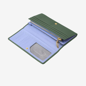 Tusk 376 Ascot Flap Over Wallet in forest Italian pebble-grain cowhide leather. Open view showing card slots, ID window and the original lavender-blue interior - FOREST