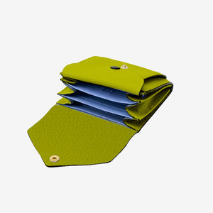 Tusk 382 Ascot Origami Wallet in avocado Italian pebble-grain cowhide leather. Open view with original lavender-blue dividers and matching pebble-grain leather flap - AVOCADO