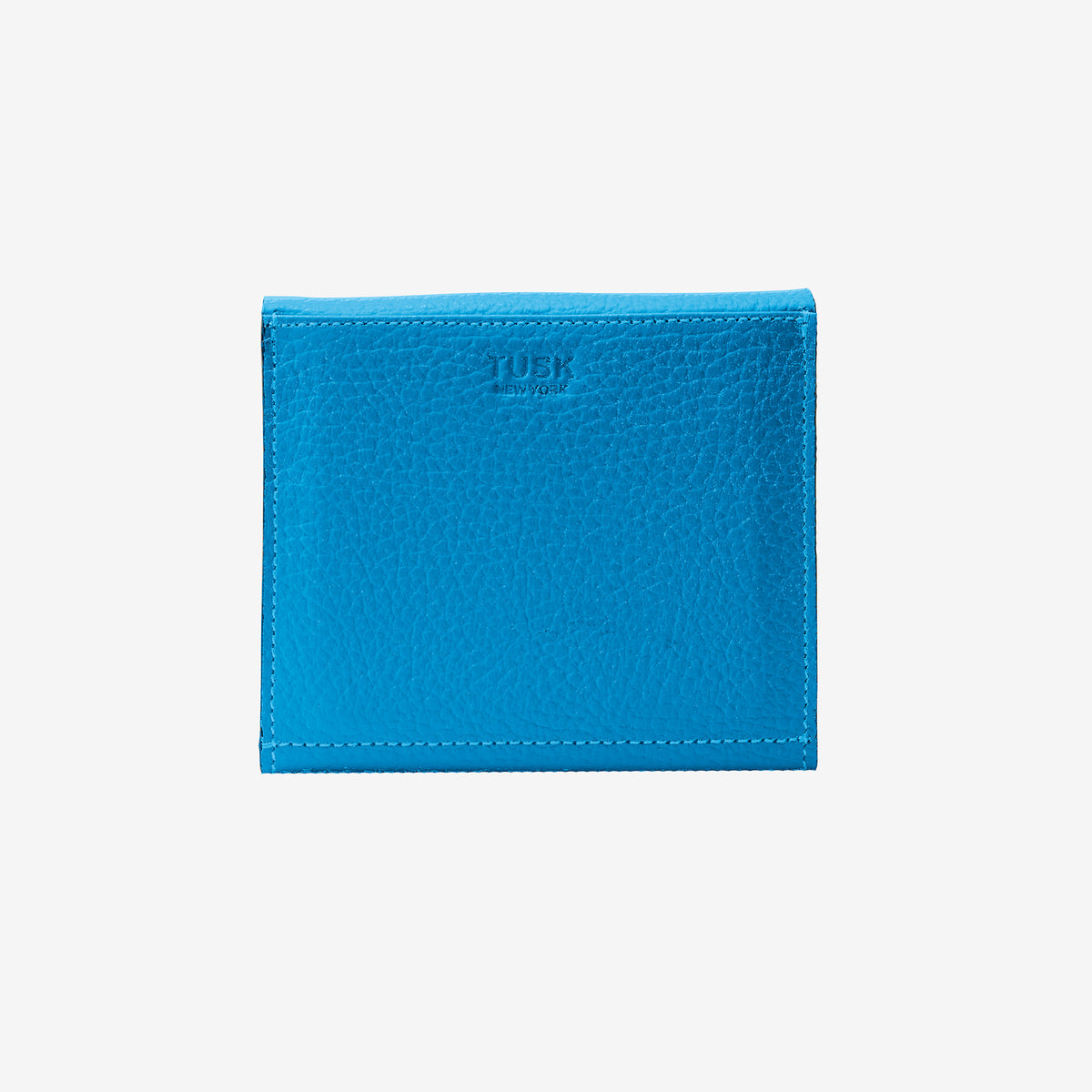 Tusk 382 Ascot Origami Wallet in Azure Italian pebble-grain cowhide leather. Back view with matching stitching - AZURE