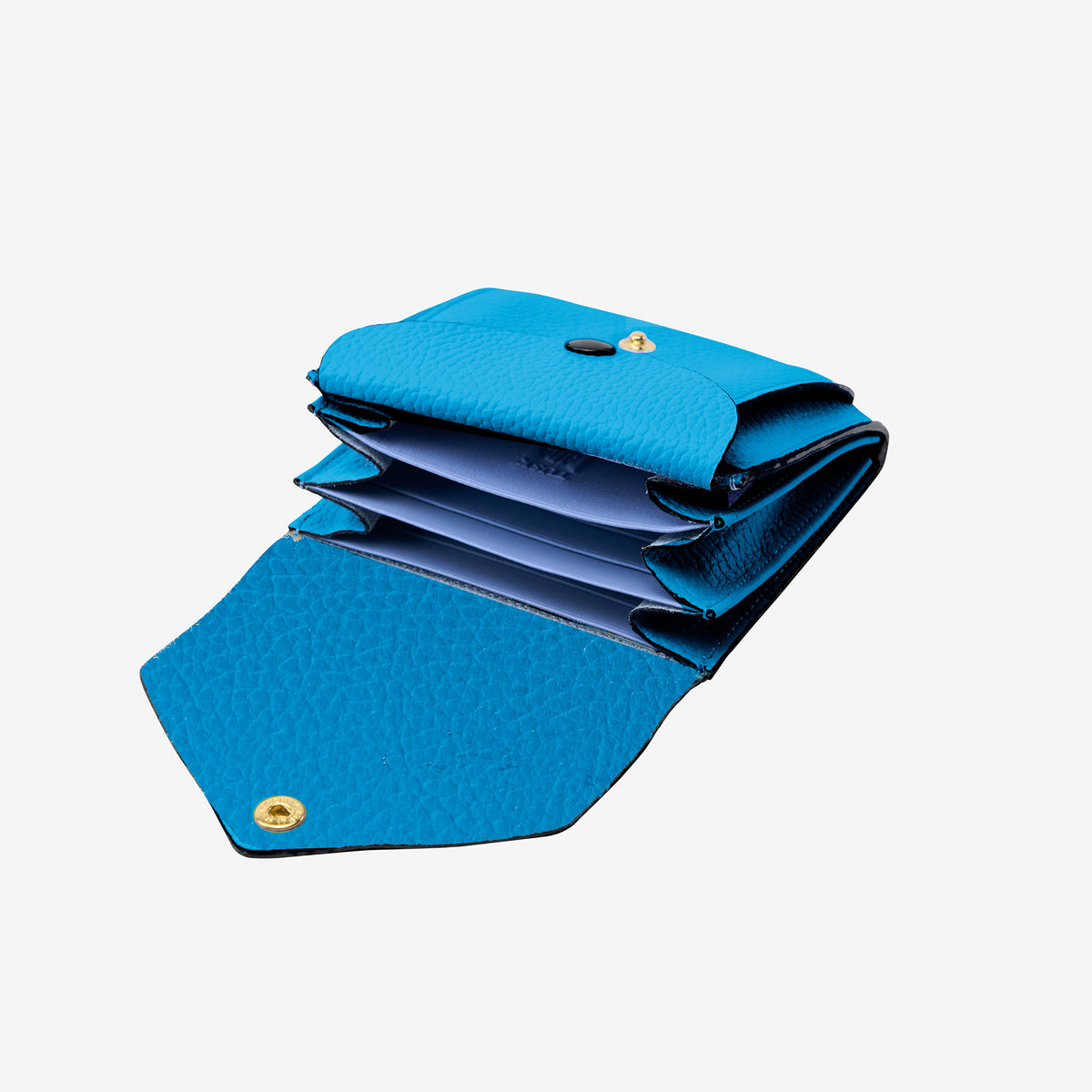 Tusk 382 Ascot Origami Wallet in Azure Italian pebble-grain cowhide leather. Open view with matching pebble-grain leather flap and original lavender-blue dividers - AZURE