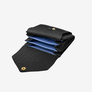 Tusk 382 Ascot Origami Wallet in black Italian pebble-grain cowhide leather. Open view with original lavender-blue dividers and matching pebble-grain leather flap - BLACK