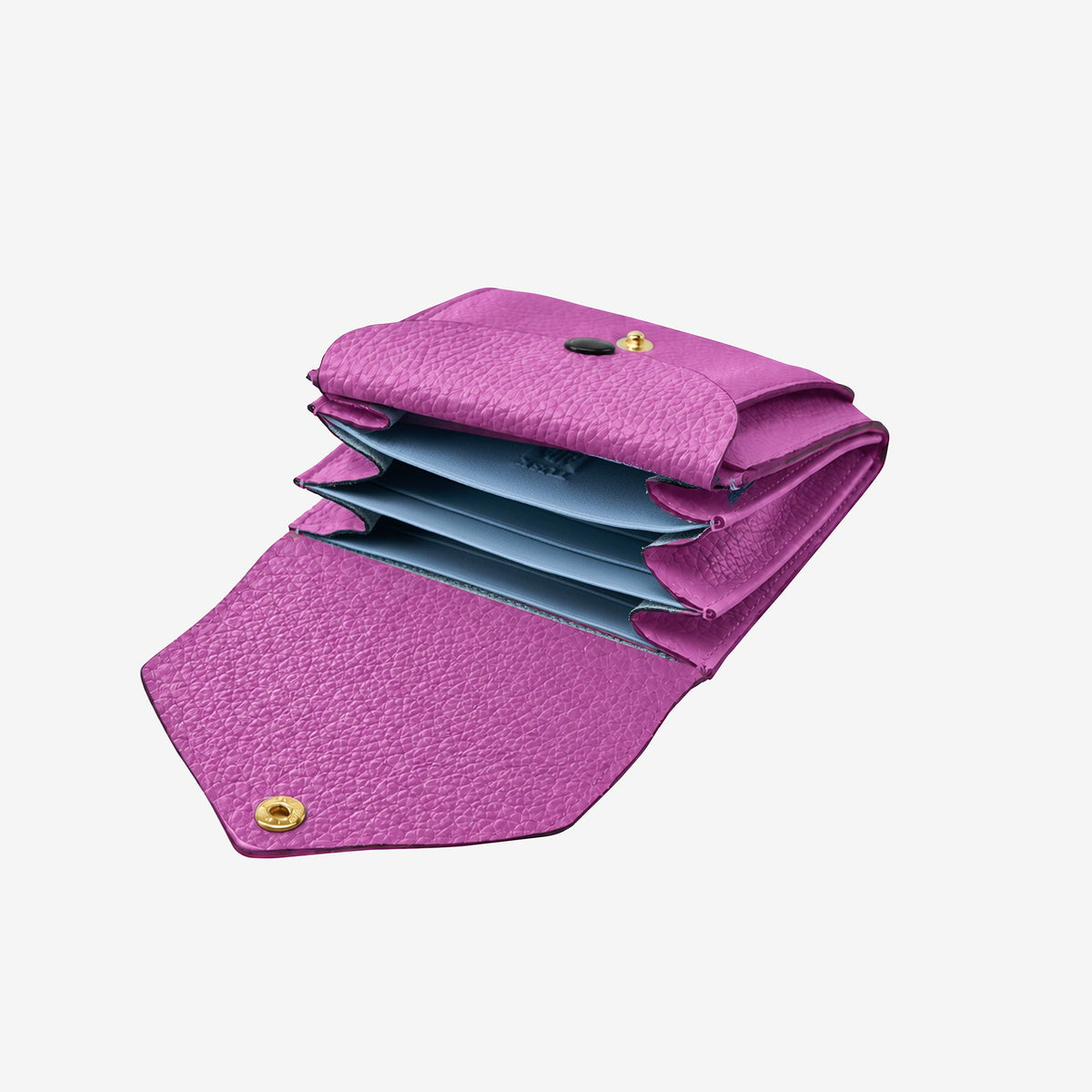 Tusk 382 Ascot Origami Wallet in magenta Italian pebble-grain cowhide leather. Open view with original lavender-blue dividers and matching pebble-grain leather flap - MAGENTA