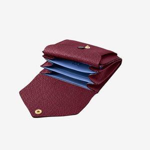 Tusk 382 Ascot Origami Wallet in oxblood Italian pebble-grain cowhide leather. Open view with original lavender-blue dividers and matching pebble-grain leather flap - OXBLOOD