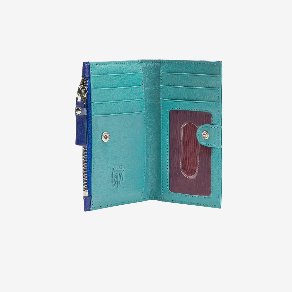 tusk 383 leather slim card case with zip indigo and french blue open - INDIGO/FRENCH BLUE