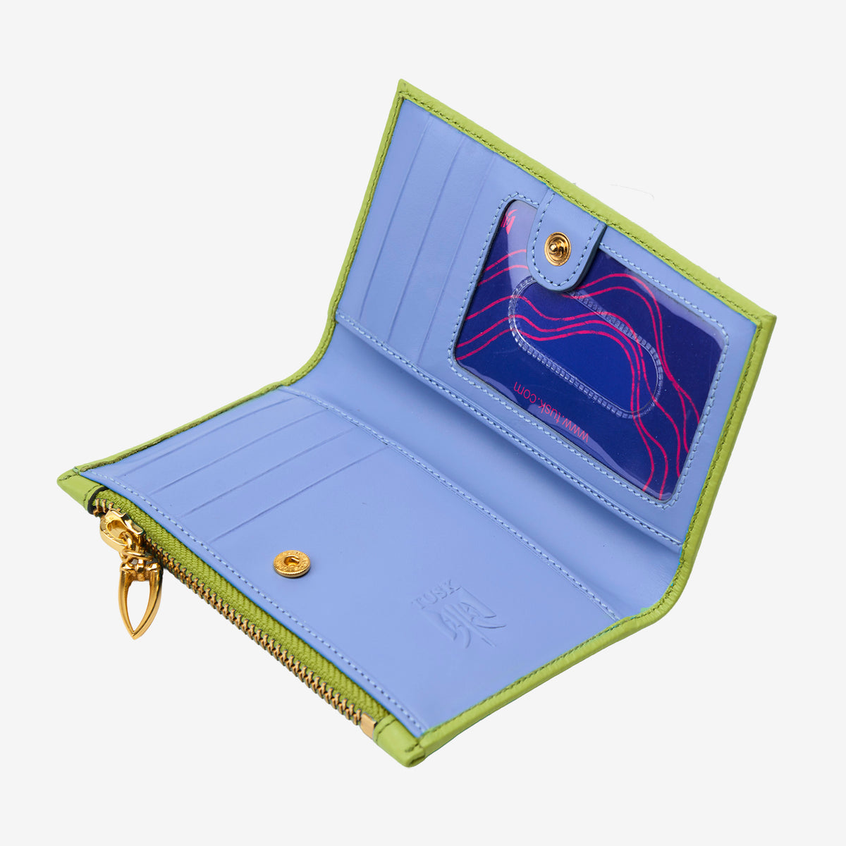 Tusk Ascot avocado leather slim card case, open view showing card slots and ID window - AVOCADO