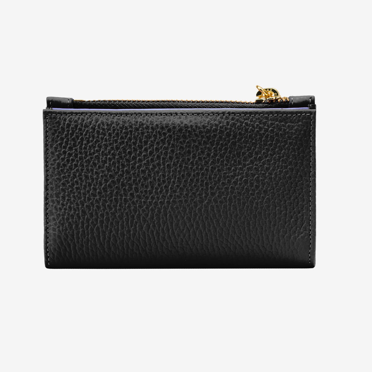 Tusk 383 Ascot Slim Card Case with Zip Coin Pocket in black Italian pebble-grain cowhide leather. Back view showing pebble-grain leather and matching stitching - BLACK