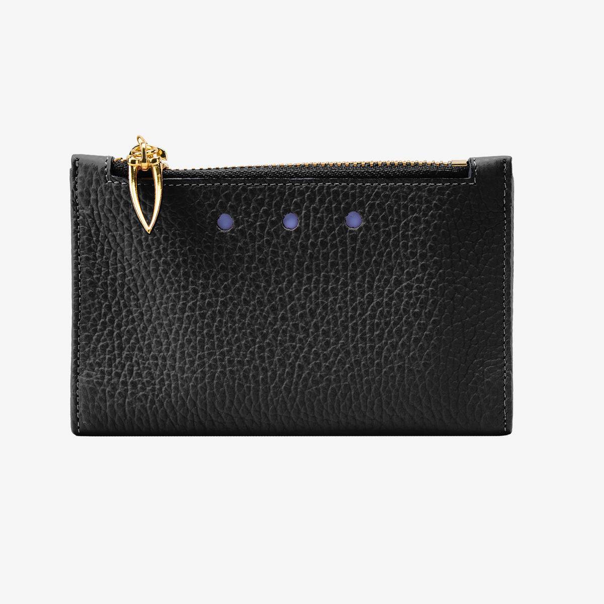 Tusk 383 Ascot Slim Card Case with Zip Coin Pocket in black Italian pebble-grain cowhide leather. Front view with gold zipper and matching stitching - BLACK