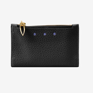 Tusk 383 Ascot Slim Card Case with Zip Coin Pocket in black Italian pebble-grain cowhide leather. Front view with gold zipper and matching stitching - BLACK