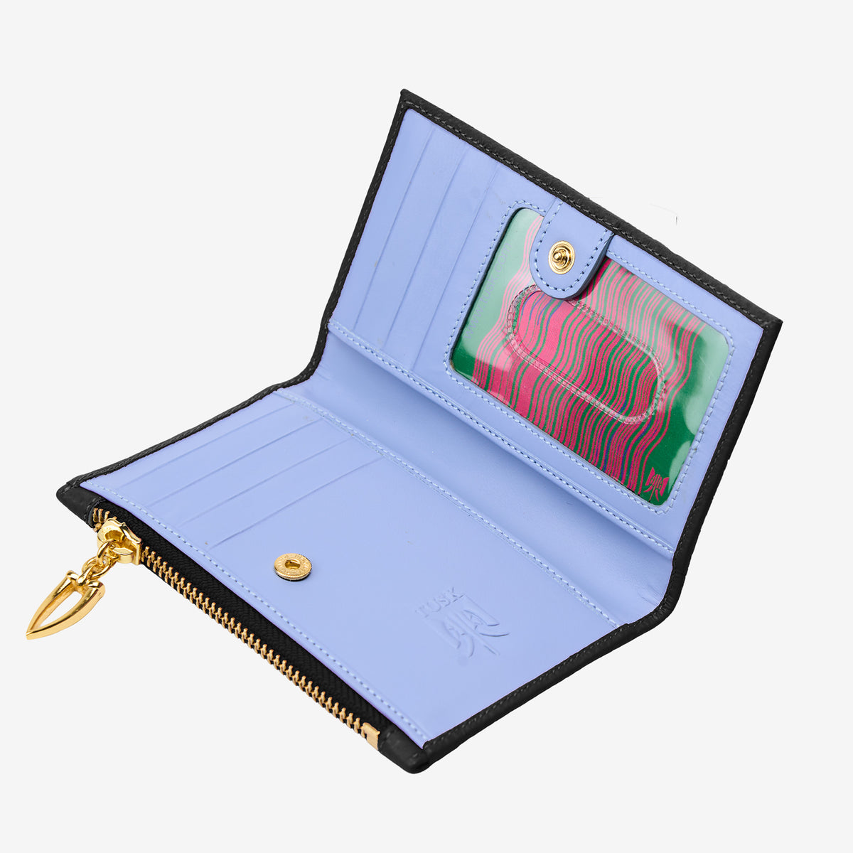 Tusk 383 Ascot Slim Card Case with Zip Coin Pocket in black Italian pebble-grain cowhide leather. Open view showing the original blue interior and gold hardware - BLACK