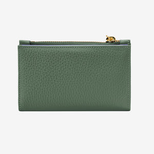 Tusk 383 Ascot Slim Card Case with Zip Coin Pocket in forest Italian pebble-grain cowhide leather. Back view showing pebble-grain leather and matching stitching - FOREST
