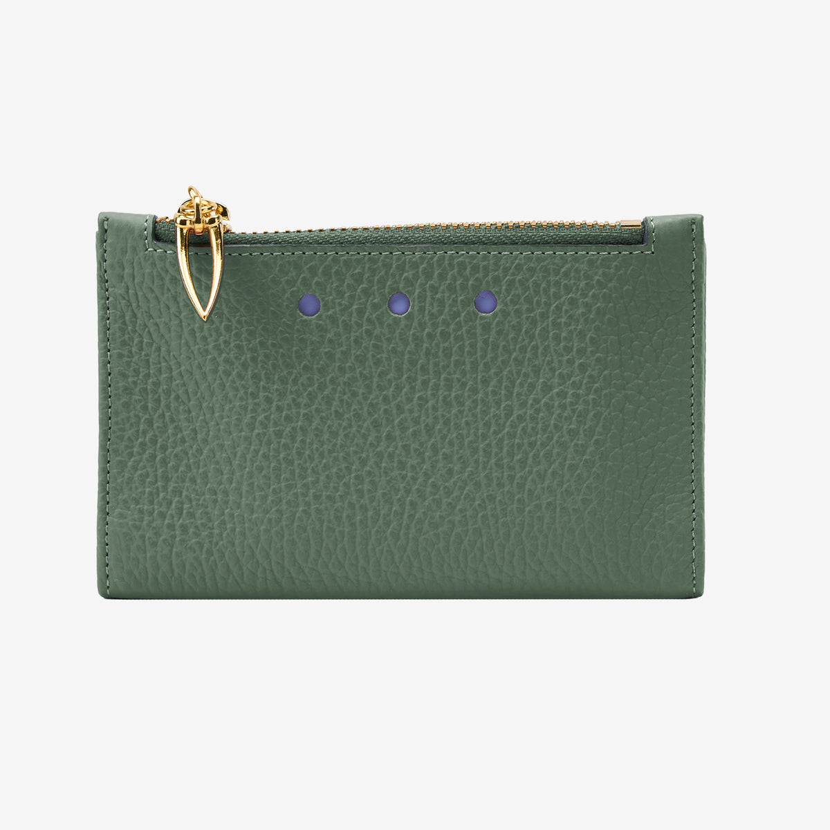 Tusk 383 Ascot Slim Card Case with Zip Coin Pocket in forest Italian pebble-grain cowhide leather. Front view with gold zipper and matching stitching - FOREST
