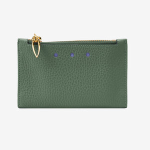 Tusk 383 Ascot Slim Card Case with Zip Coin Pocket in forest Italian pebble-grain cowhide leather. Front view with gold zipper and matching stitching - FOREST