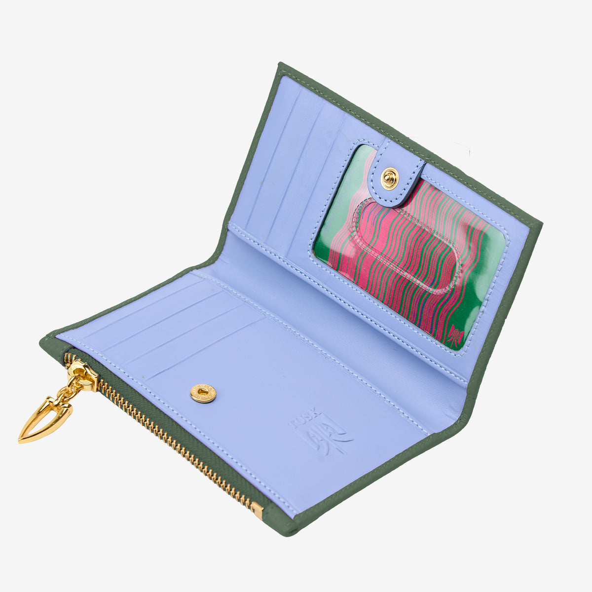 Tusk 383 Ascot Slim Card Case with Zip Coin Pocket in forest Italian pebble-grain cowhide leather. Open view showing the original blue interior and gold hardware - FOREST