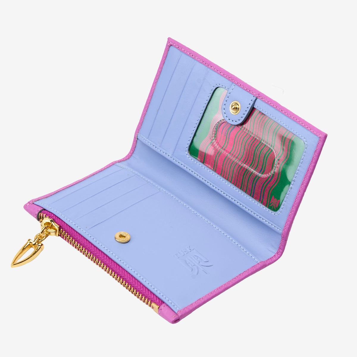 Open magenta leather wallet with light blue interior on a white background - MAGENTA