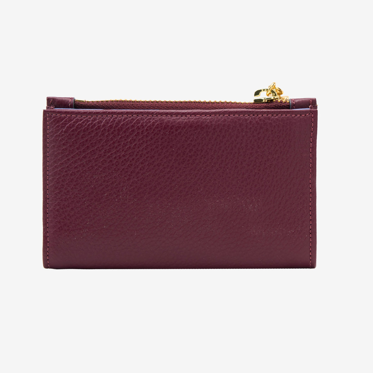 Maroon wallet with gold zipper on a white background - OXBLOOD
