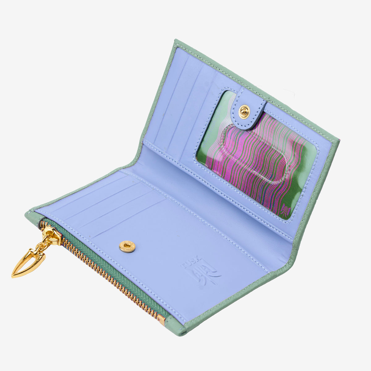 Open green wallet with light blue interior with gold zipper and card holder on a white background - SAGE