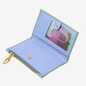 Open green wallet with light blue interior with gold zipper and card holder on a white background - SAGE