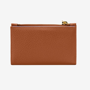 Tusk 383 Ascot Slim Card Case with Zip Coin Pocket in toast Italian pebble-grain cowhide leather. Back view showing pebble-grain leather and matching stitching - TOAST