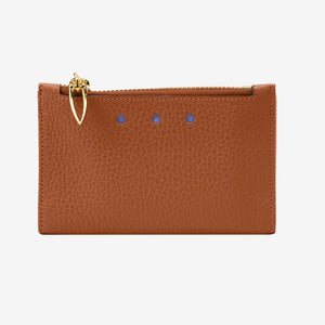 Tusk 383 Ascot Slim Card Case with Zip Coin Pocket in toast Italian pebble-grain cowhide leather. Front view with gold zipper and matching stitching - TOAST