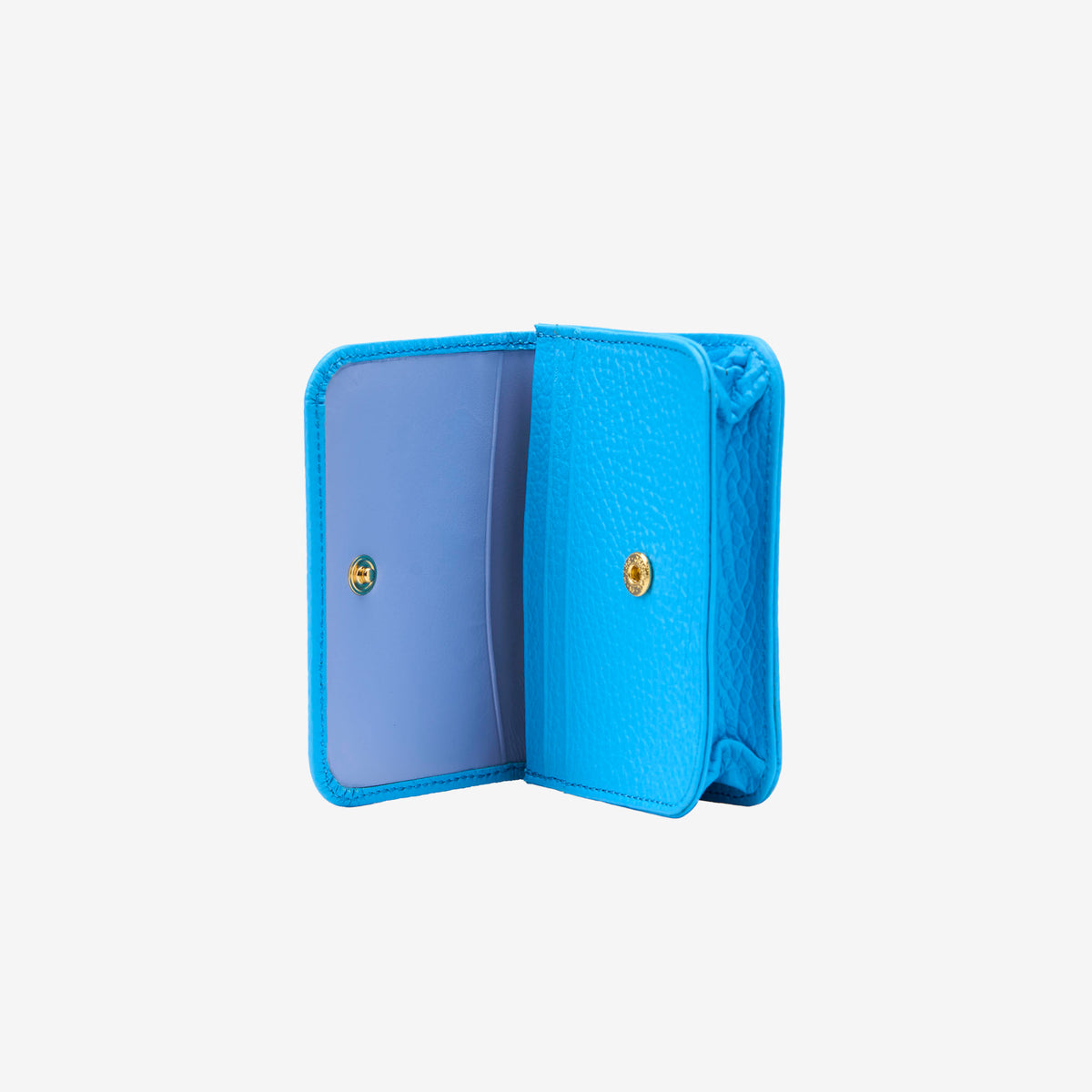 Blue wallet with gold buttons on a light gray background - AZURE