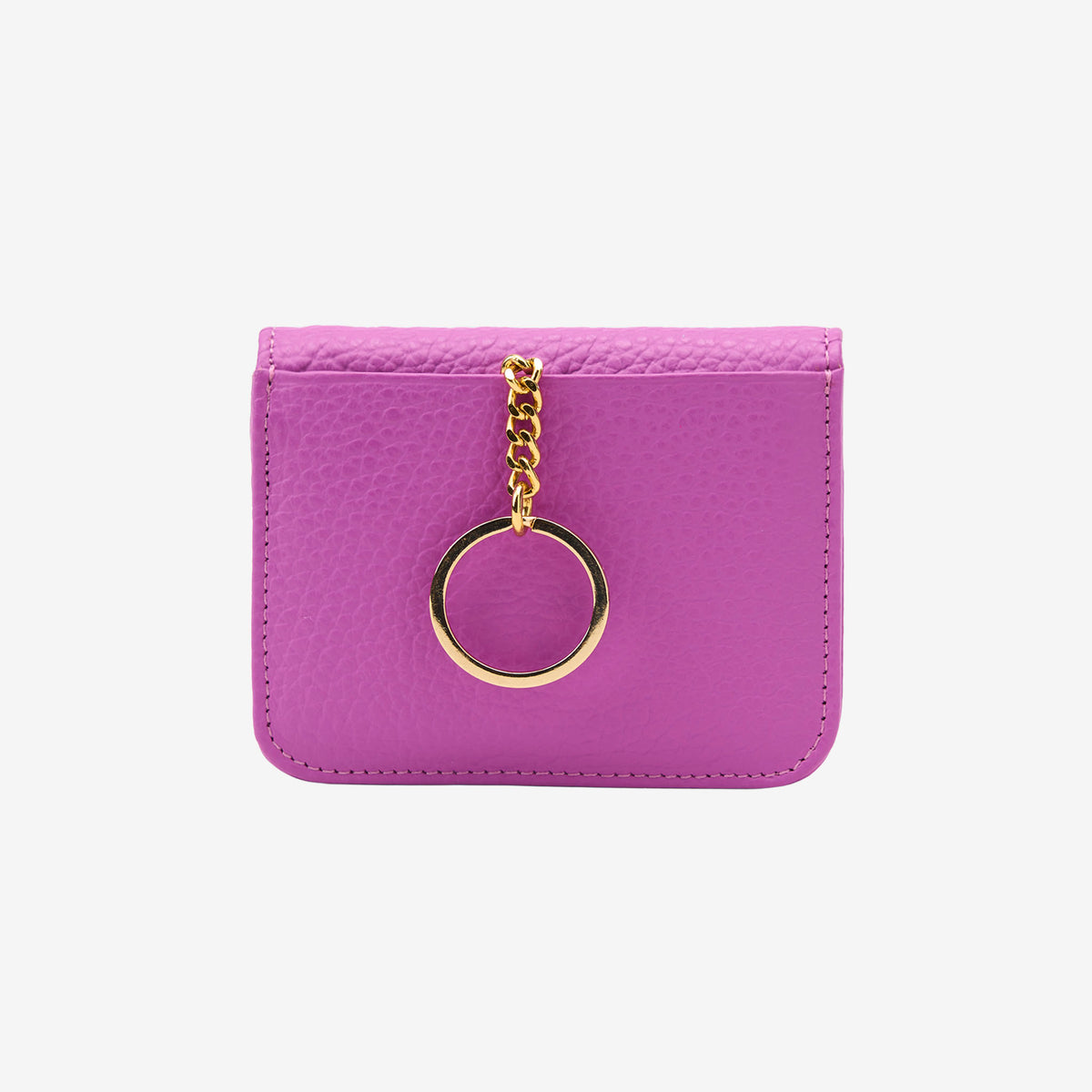 Magenta leather cardholder with a gold ring keychain on a white background - MAGENTA