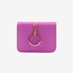 Magenta leather cardholder with a gold ring keychain on a white background - MAGENTA