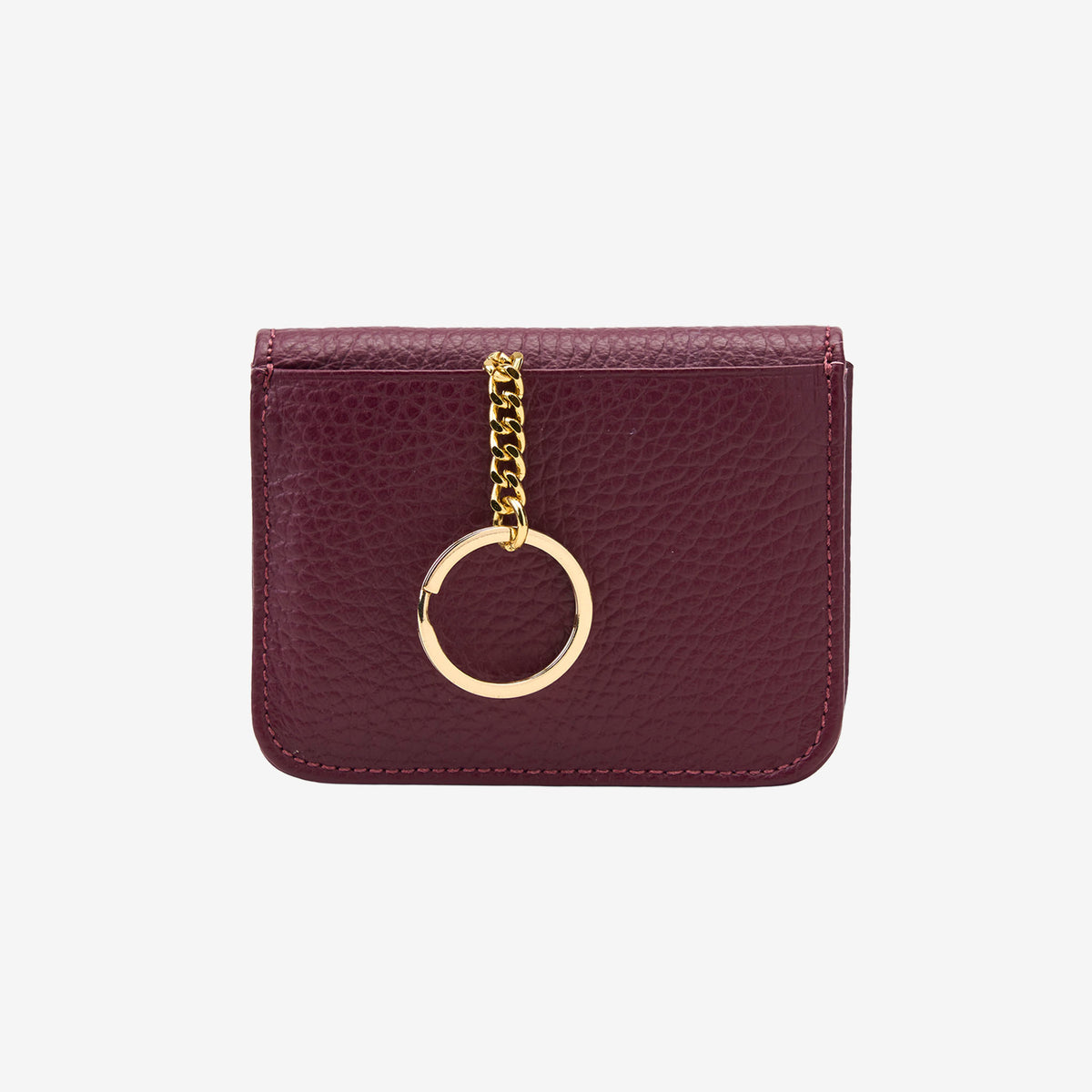 Maroon wallet with a gold chain and key ring on a white background - OXBLOOD