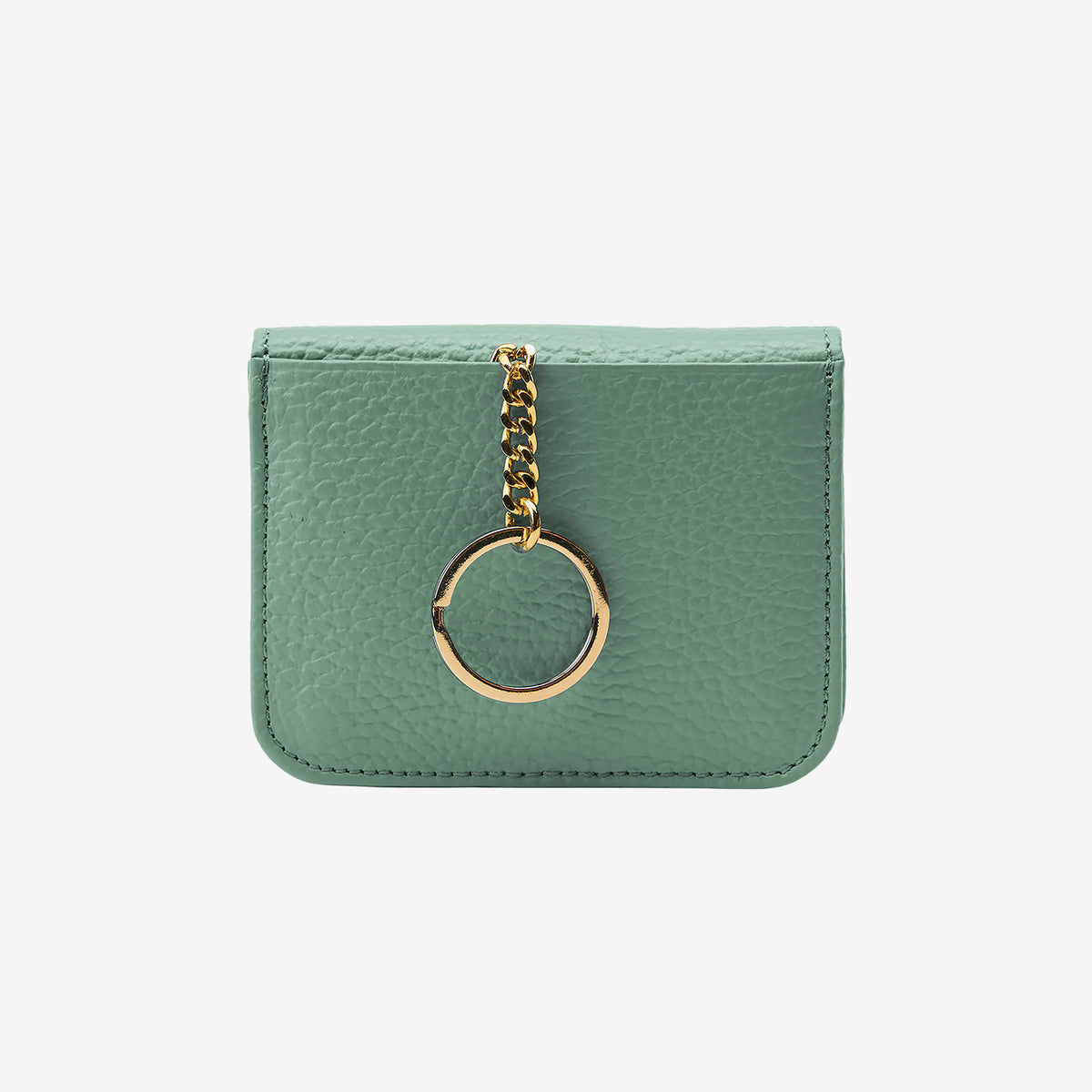 Green leather cardholder with a gold chain and ring on a white background - SAGE