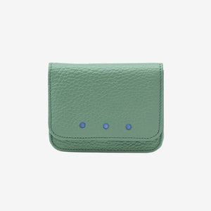 Green leather wallet with three small blue buttons on a white background - SAGE