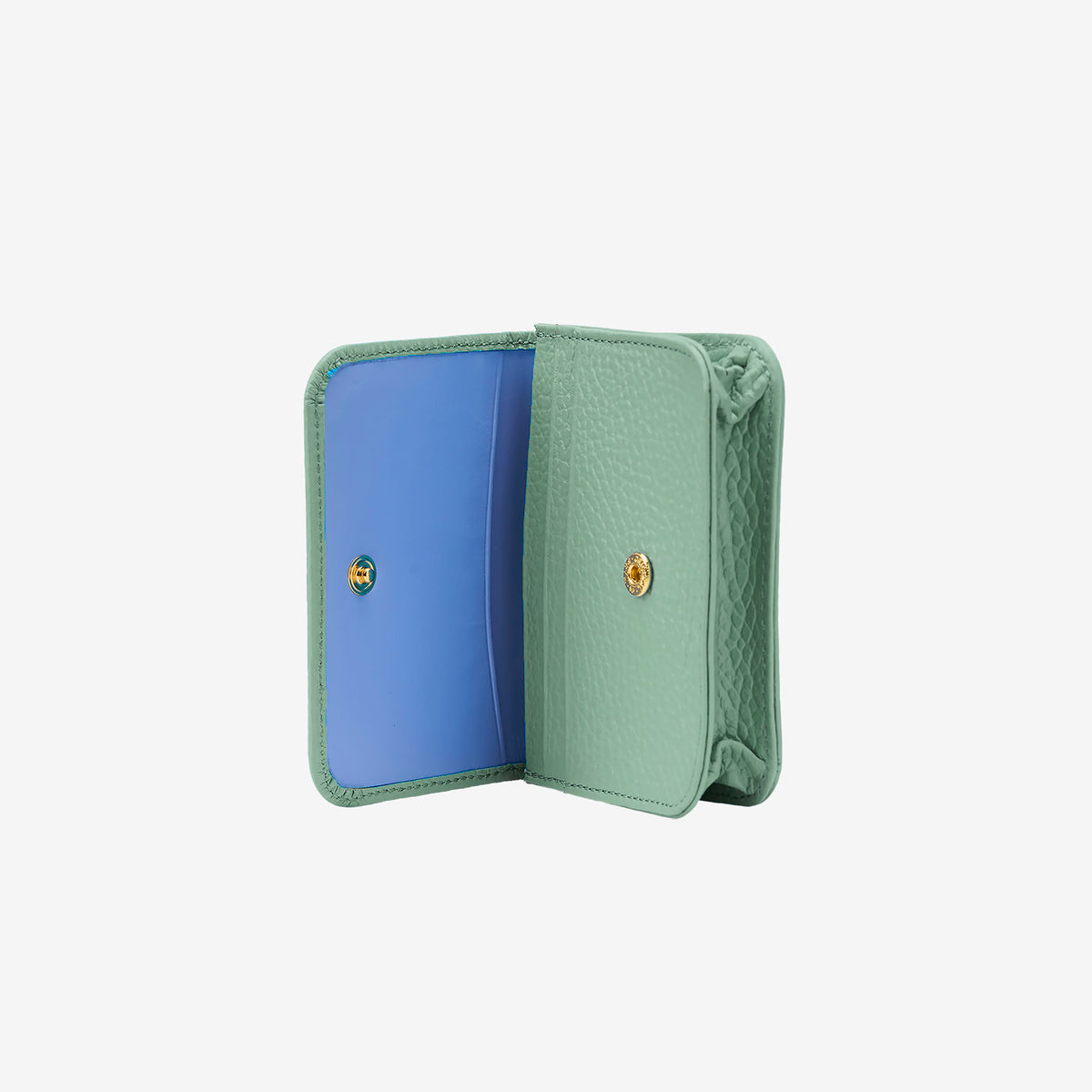 Green wallet with blue interior on a light gray background - SAGE