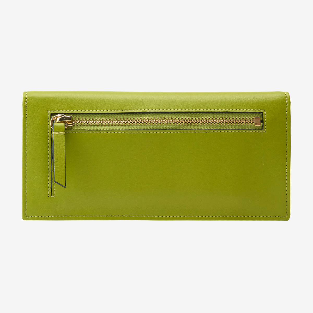 Tusk Lille leather clutch wallet, back view with zip pocket – AVOCADO