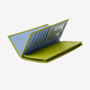 Tusk Lille leather clutch wallet, open view showing interior compartments and card slots – AVOCADO
