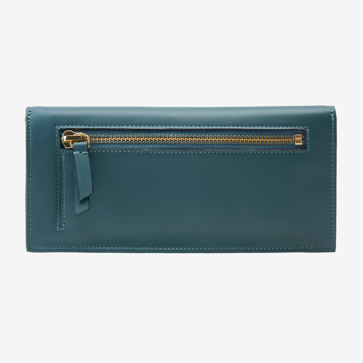 Tusk Lille leather clutch wallet, back view with zip pocket – HUNTER GREEN