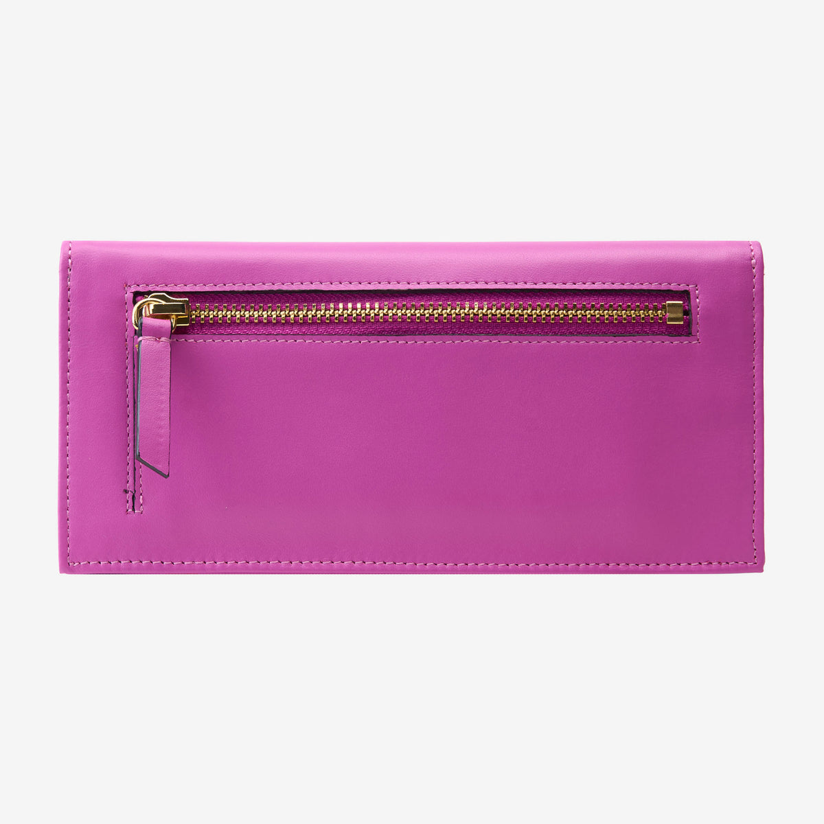 Tusk Lille leather clutch wallet, back view with zip pocket – MAGENTA