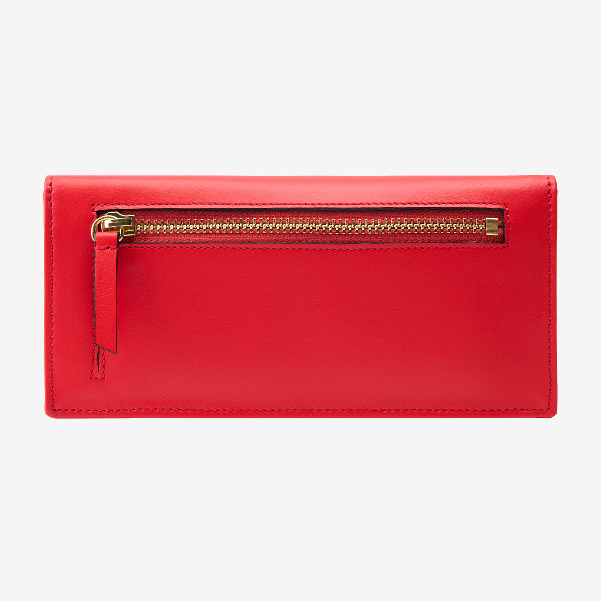 Tusk Lille leather clutch wallet, back view with zip pocket – RED