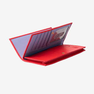 Tusk Lille leather clutch wallet, open view showing interior compartments and card slots – RED