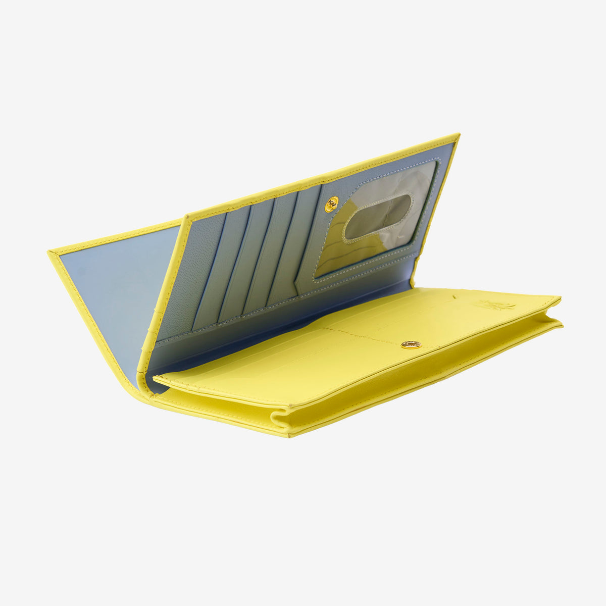 Tusk Lille leather clutch wallet, open view showing interior compartments and card slots – SUN