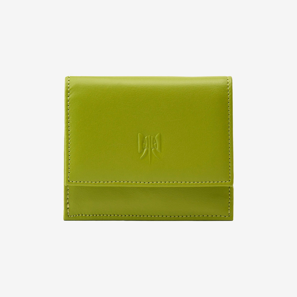 Tusk Lille gusseted French leather wallet in avocado green, closed, front view showing the flap closure - AVOCADO