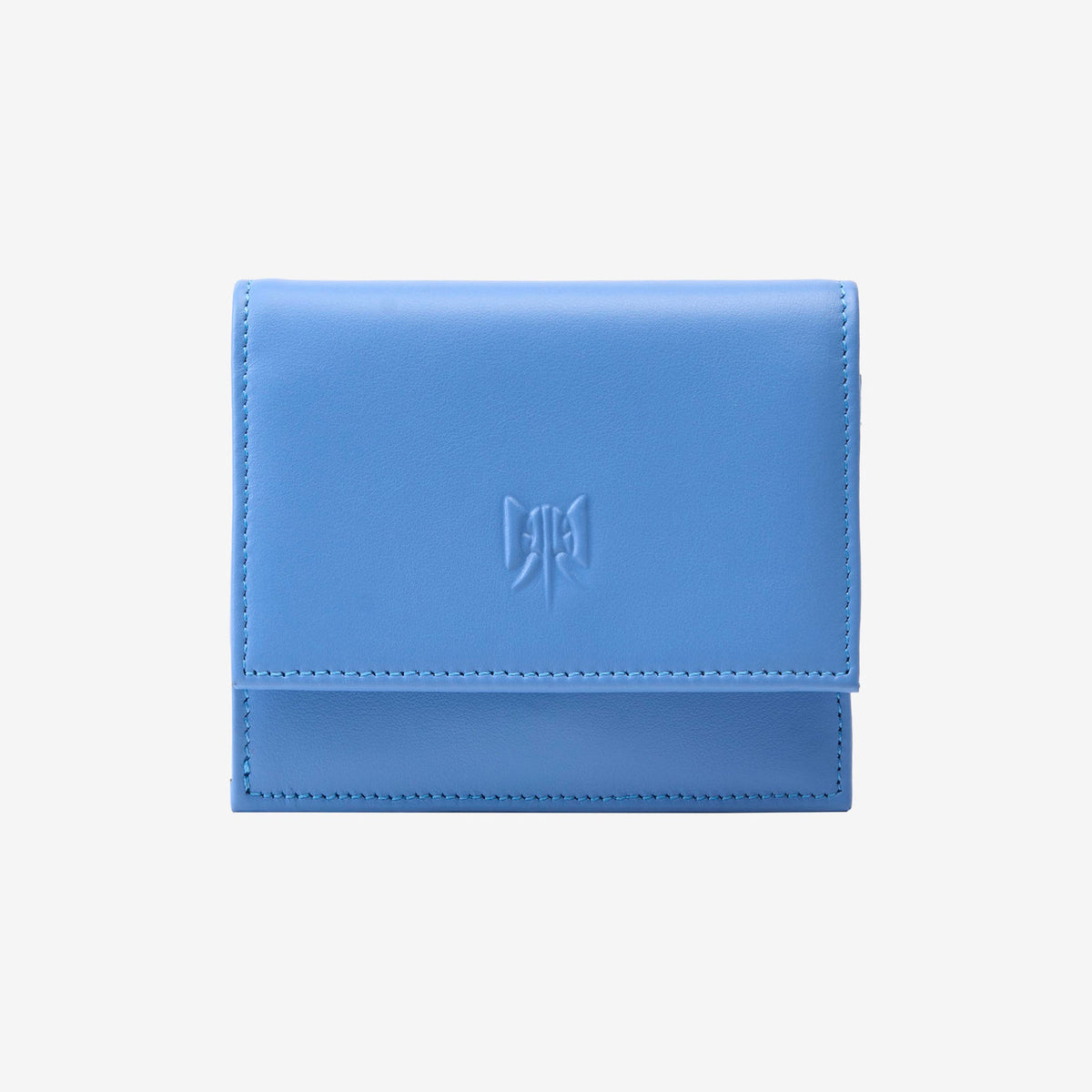 Tusk Lille gusseted French leather wallet in French blue, closed, front view showing the flap closure - FRENCH BLUE