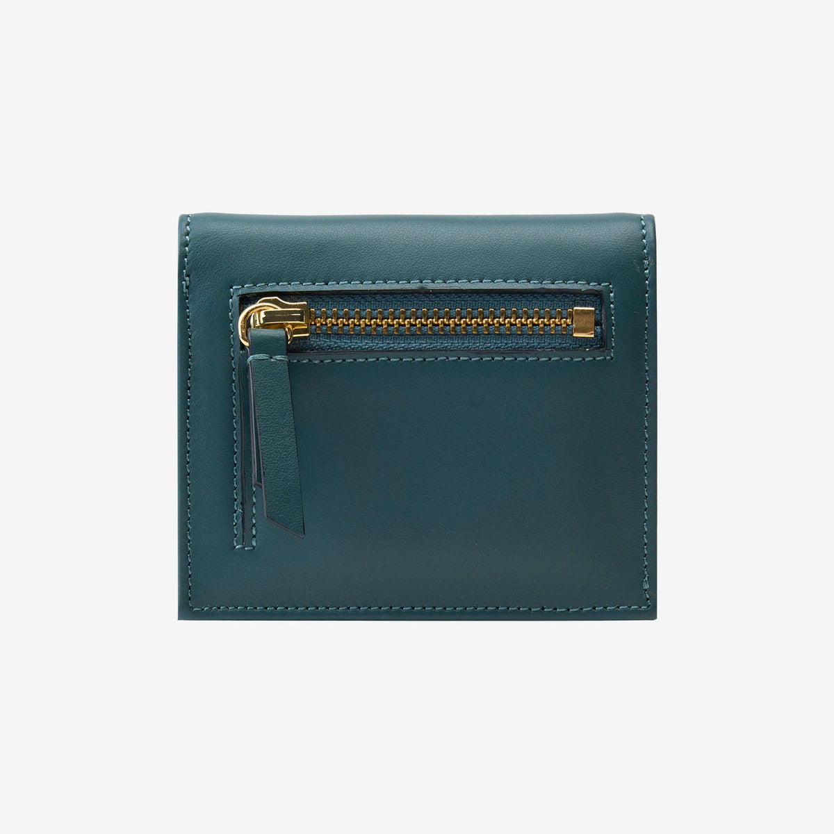 Tusk Lille gusseted French leather wallet in hunter green, shown from the back, highlighting the exterior zip pocket - HUNTER