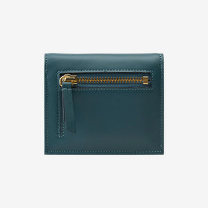 Tusk Lille gusseted French leather wallet in hunter green, shown from the back, highlighting the exterior zip pocket - HUNTER