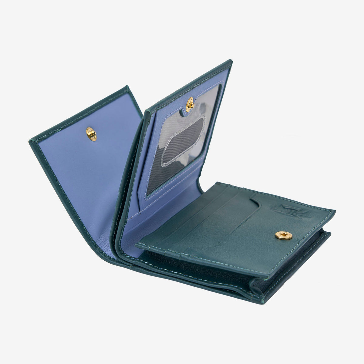 Tusk Lille gusseted French leather wallet in hunter green, opened to show its interior card slots and compartments - HUNTER