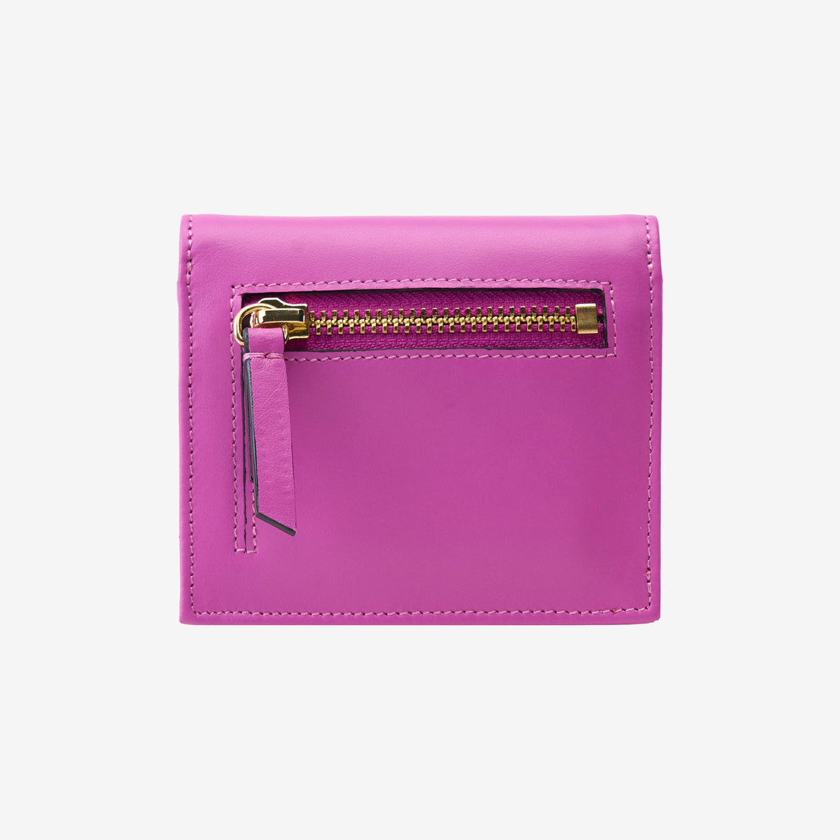 Tusk Lille gusseted French leather wallet in magenta, shown from the back, highlighting the exterior zip pocket - MAGENTA