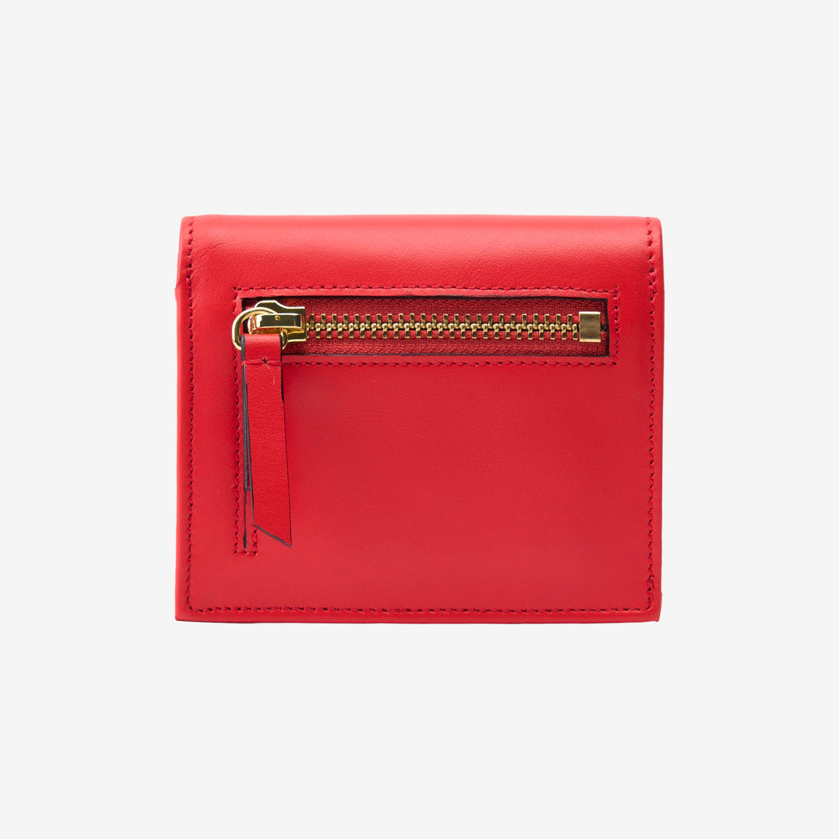 Tusk Lille gusseted French leather wallet in red, shown from the back, highlighting the exterior zip pocket - RED