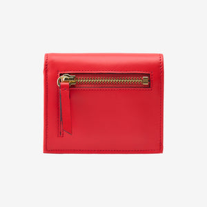 Tusk Lille gusseted French leather wallet in red, shown from the back, highlighting the exterior zip pocket - RED