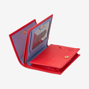 Tusk Lille gusseted French leather wallet in red, opened to show its interior card slots and compartments - RED