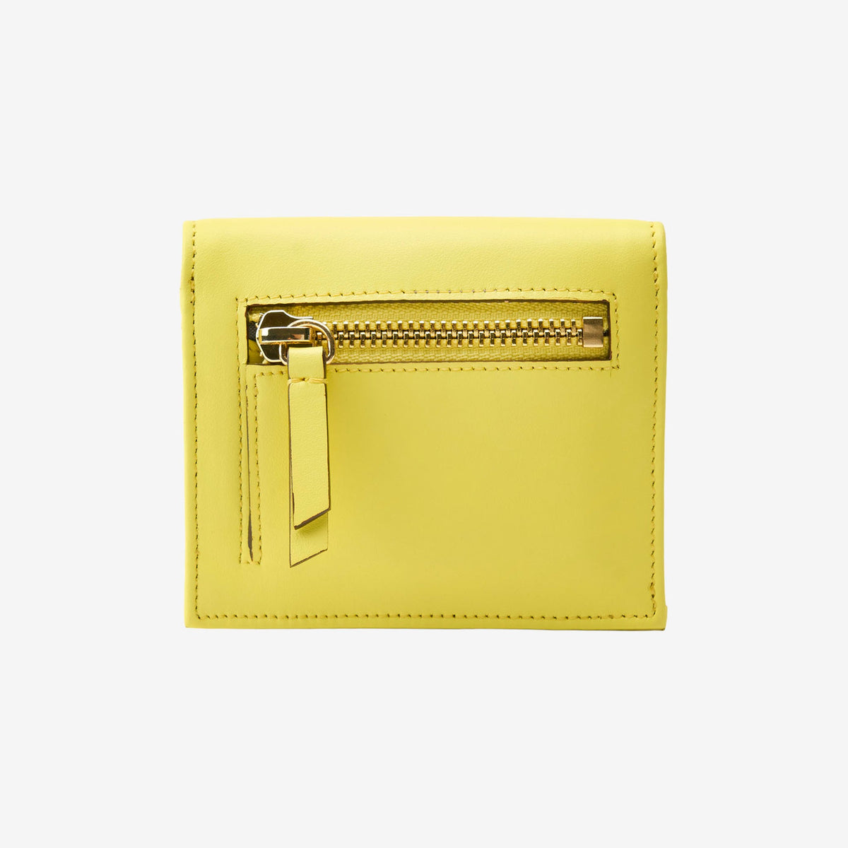 Tusk Lille gusseted French leather wallet in yellow Sun, shown from the back, highlighting the exterior zip pocket - SUN