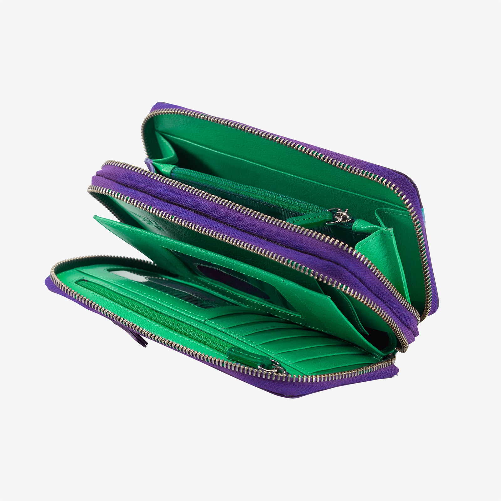 tusk 443 leather double zip wallet purple and grass front - PURPLE/GRASS